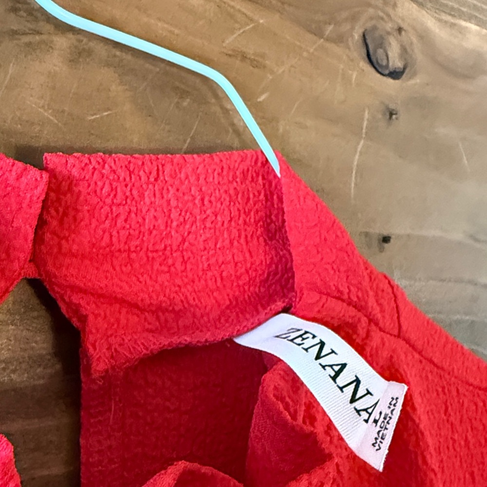 Zenana Outfitters Textured Ruffle Neck Blouse in Coral Red - Picture 2 of 3